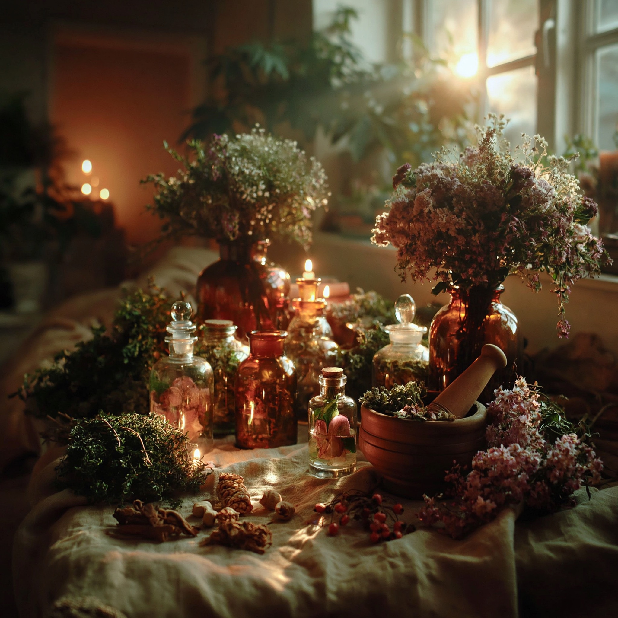 木の板の上に広げられた乾燥薬草のフラットレイ