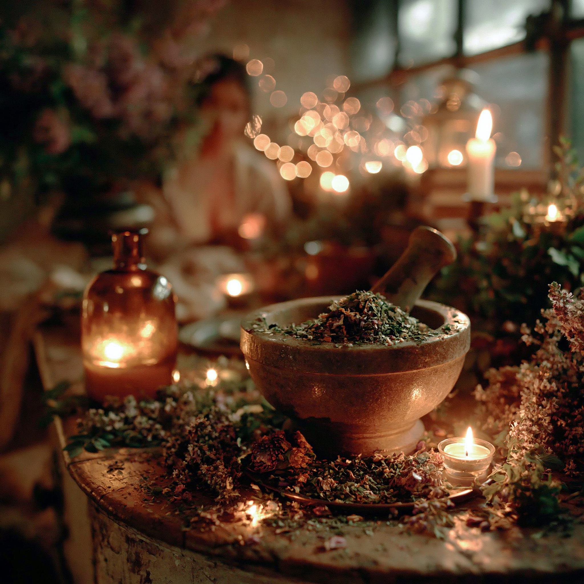 石の乳鉢と乳棒 — 薬草を丁寧に調合する道具