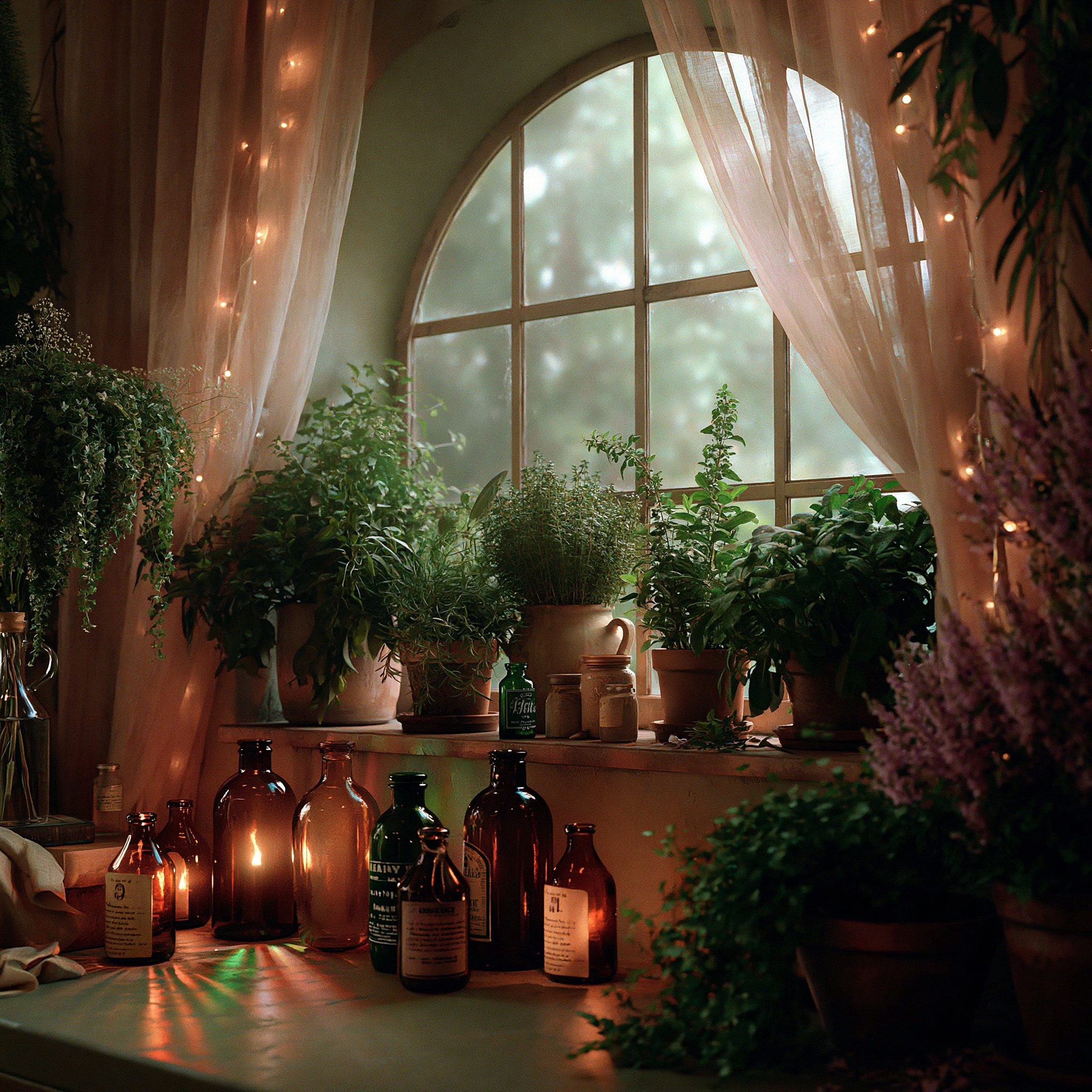 薬局のアーチ型の小窓 — 外の光が静かに差し込む