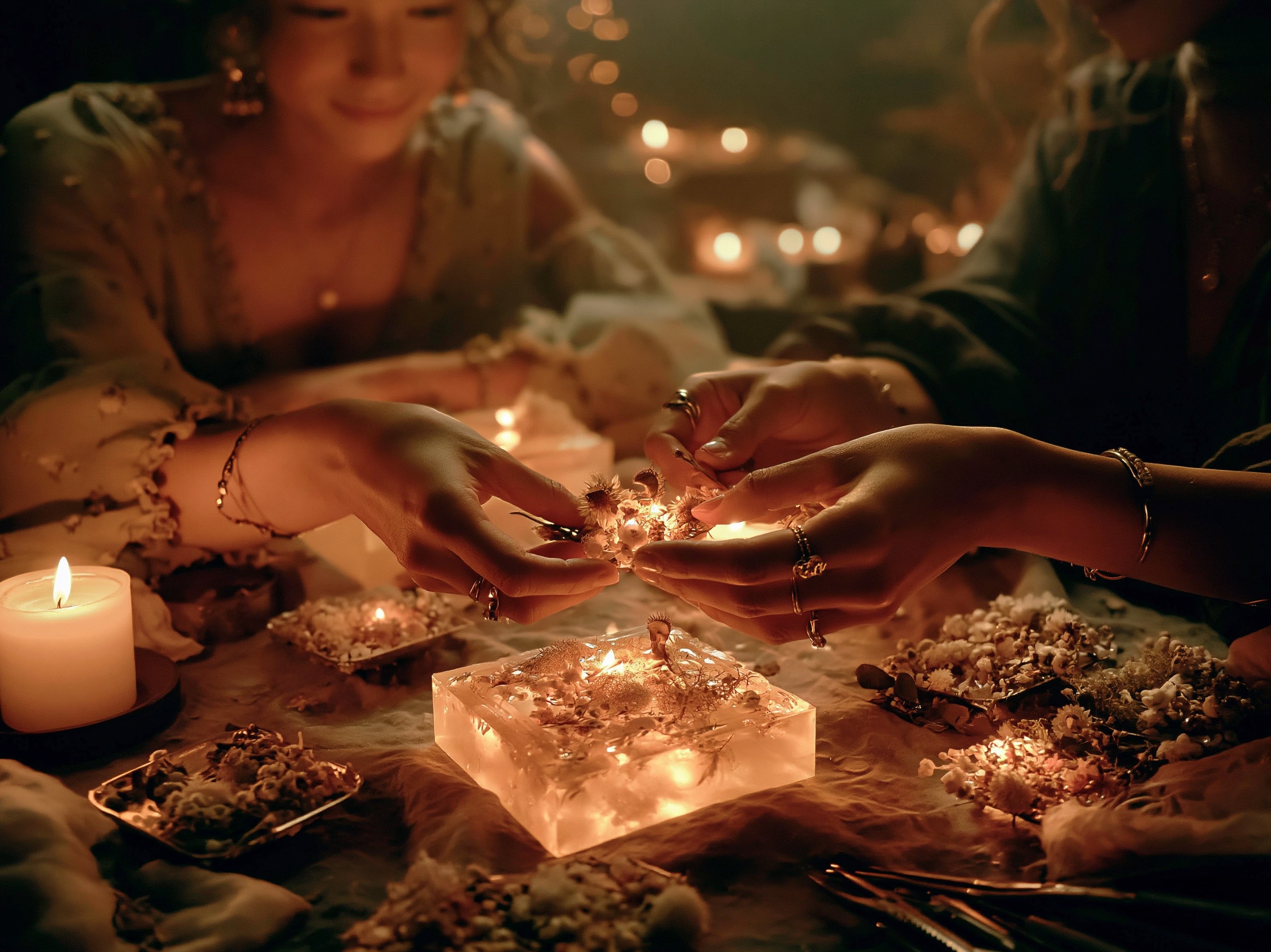 琥珀のお守り — 手で丁寧に素材を並べる職人の手