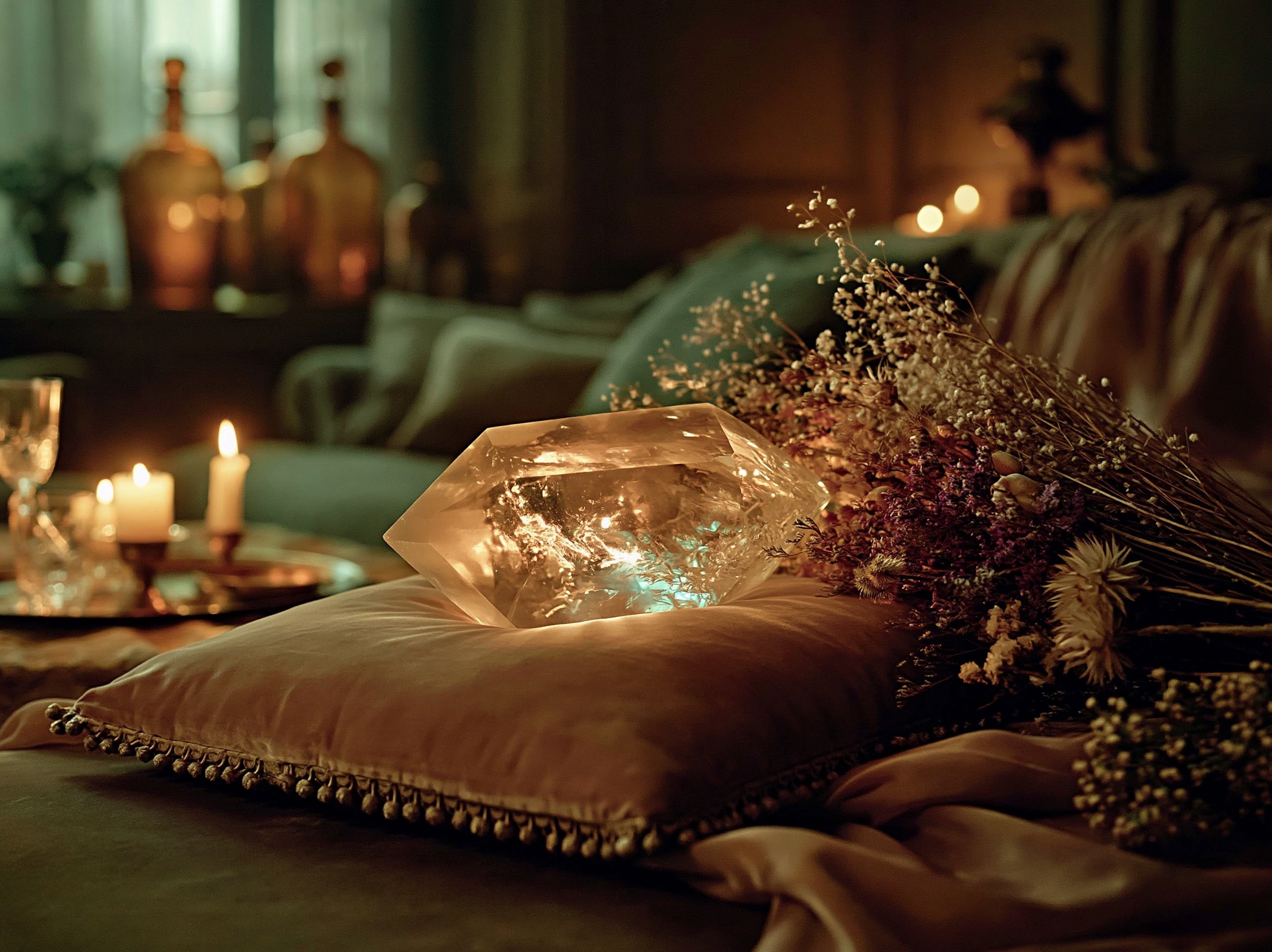 水晶のポイント — 小さなベルベットの上に置かれた透明な水晶