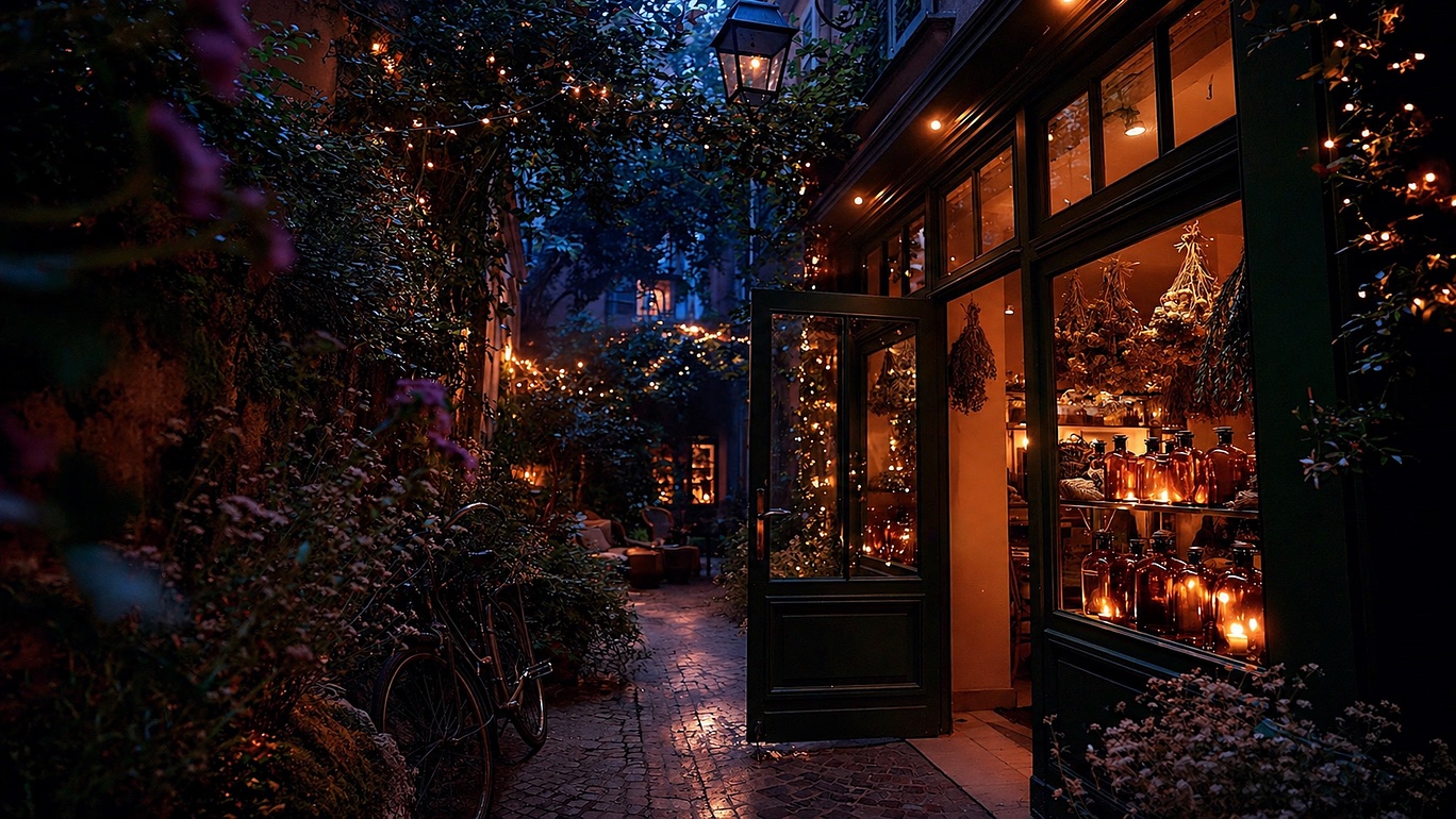 薬局の扉の前、旅の終わりの夜